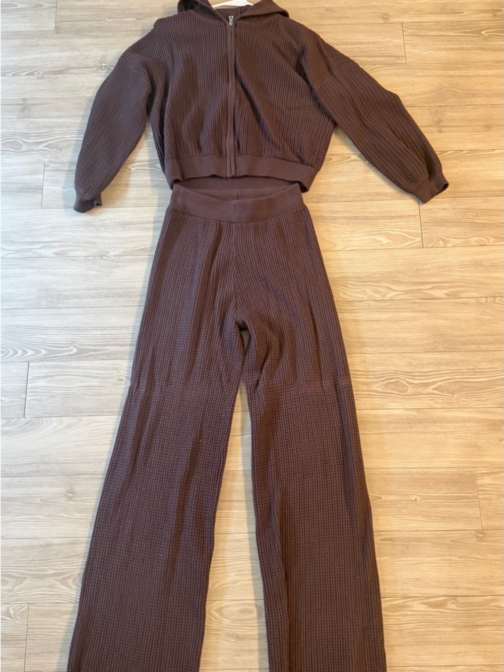 Brown Waffle Knit Set with Zip Hoodie and Wide-Leg Pants